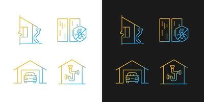 Residential construction gradient icons set for dark and light mode. Roof drainage system. Thin line contour symbols bundle. Isolated vector outline illustrations collection on black and white