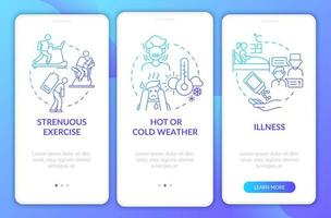 Increased fluid consumption blue gradient onboarding mobile app page screen. Walkthrough 3 steps graphic instructions with concepts. UI, UX, GUI vector template with linear color illustrations