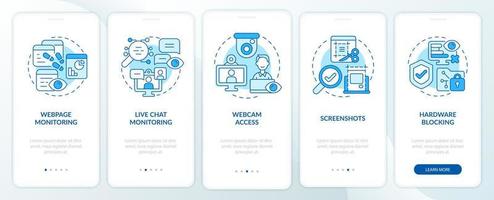 pantalla de la página de la aplicación móvil de incorporación azul del software de monitoreo de empleados. Tutorial de control de trabajo Instrucciones gráficas de 5 pasos con conceptos. ui, ux, plantilla vectorial gui con ilustraciones en color lineal vector