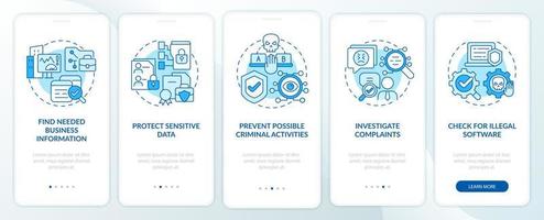 Surveillance legal uses blue onboarding mobile app page screen. Work control walkthrough 5 steps graphic instructions with concepts. UI, UX, GUI vector template with linear color illustrations