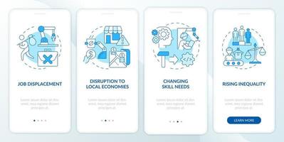 Negative automation impact on society blue onboarding mobile app screen. Walkthrough 4 steps graphic instructions pages with linear concepts. UI, UX, GUI template. Myriad Pro-Bold, Regular fonts used vector