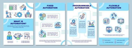 Automation types brochure template. Program and software. Booklet print design with linear icons. Vector layouts for presentation, annual reports, ads. Arial Black, Myriad Pro Regular fonts used