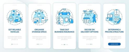 How to start courier business blue and white onboarding mobile app screen. Ship walkthrough 5 steps graphic instructions pages with concepts. UI, UX, GUI template. Myriad Pro-Bold, Regular fonts used vector