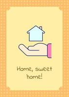 Home, sweet home greeting card with color icon element. Welcome to new place. Postcard vector design. Decorative flyer with creative illustration. Notecard with congratulatory message on orange