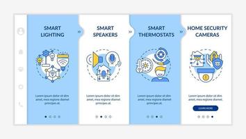Smart home gadgets blue and white onboarding template. Speakers and lightbulbs. Responsive mobile website with linear concept icons. Web page walkthrough 4 step screens. Lato-Bold, Regular fonts used vector