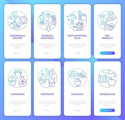 Food issues blue gradient onboarding mobile app screen set. Walkthrough 4 steps graphic instructions pages with linear concepts. UI, UX, GUI template. Myriad Pro-Bold, Regular fonts used