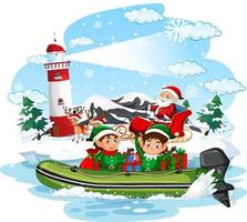 Santa Claus and elves delivering gifts by boat vector