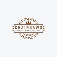 Carpentry and Wood saw Logo Vector, Chainsaws Line art Vintage Illustration, Carpenter and Wood Working Concept Design vector