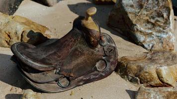 very old horse saddle on sand beach video