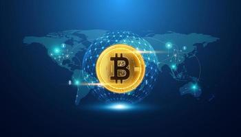 Abstract Digital bitcoin Finance in the Online World, Transactions in Online Systems On the background is a digital map, internet, stock trading. Connected all over the world vector
