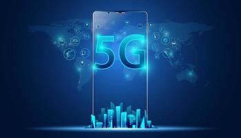 red holográfica abstracta 5g conexión inalámbrica a internet wi-fi e internet de las cosas en el fondo de la ciudad.teléfono móvil conectado a la red 5g vector