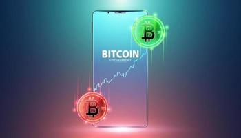 Bitcoin is in an uptrend and downtrend on the phone trade image on the background, Decentralized Finance concept vector