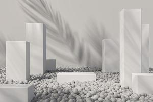 White platform on many white balls, tropical plant shade on the wall, White mockup background for product presentation. 3d rendering photo