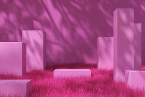 plataforma rosa sobre hierba rosa y pared, sombra de árbol en la pared, fondo de maqueta rosa para la presentación del producto. representación 3d foto