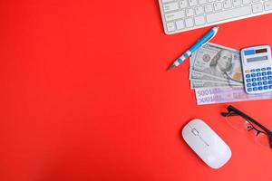 Table for an office desk. In the top view, the copy space depicts finance and banking, while the concept of money on the background represents finance and banking photo