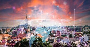 Double exposure of Modern metropolis with buildings and skyscrapers, as well as a social connection concept, the internet of things, and the concept of a satellite navigation system photo