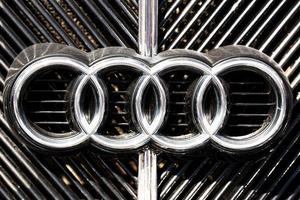August 25, 2018 Russia, Saint-Petersburg. Audi logo chrome on the radiator grille photo