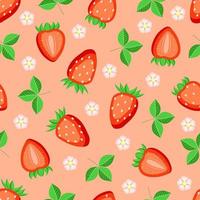 Strawberries with leaves and flowers on a pink background. Vector seamless pattern