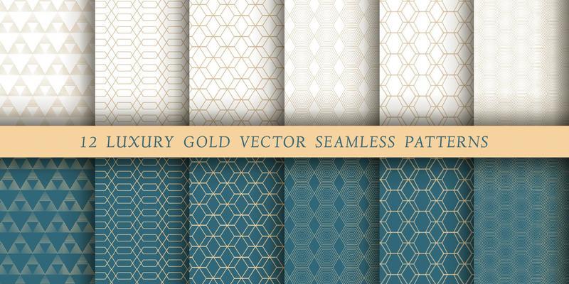 Set of 12 luxurious vector seamless patterns. Geometrical patterns on a white and emerald background. Modern illustrations for wallpapers, flyers, covers, banners, minimalistic ornaments, background