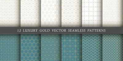 Set of 12 vector seamless patterns. Gold floral patterns on a white and emerald