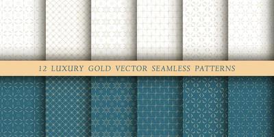 Set of 12 luxurious vector seamless patterns. Geometrical patterns on a white and emerald background. Modern illustrations for wallpapers, flyers, covers, banners, minimalistic ornaments, backgrounds.