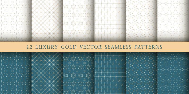 Set of 12 luxurious vector seamless patterns. Geometrical patterns on a white and emerald background. Modern illustrations for wallpapers, flyers, covers, banners, minimalistic ornaments, backgrounds.