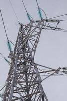 High-voltage tower with cloudy sky background. photo