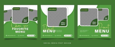 conjunto de volante de menú culinario verde o banner de redes sociales vector