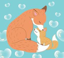 mother fox kisses fox cub forehead vector