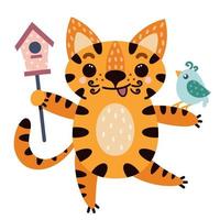 Cute cartoon striped tiger. The animal holds a birdhouse in its hands. The cat is friends with the bird. Vector icon isolated on white. The predator smiles. Flat style. Baby print.