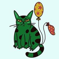 Cute cartoon cat vector icon. Green kitten with balloons. Grumpy cat celebrates birthday. Sad animal at the party. The pet is unhappy with the holiday. Pop art, flat style. Isolated print