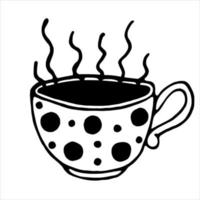 Cup with a drink. Isolated vector icon on white background. Hand-drawn doodle. Contour of a mug with coffee. A glass of tea. Pot with polka dots. Steam from a hot drink. Monochrome. Beverage sketch.