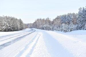 Winter snow-covered road and forest photo