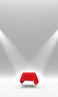 Podium, pedestal or platform covered with red cloth illuminated by spotlights on white background. Abstract illustration of simple geometric shapes. 3D rendering. photo