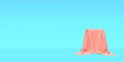 Podium, pedestal or platform covered with pink cloth on blue background. Abstract illustration of simple geometric shapes. 3D rendering. photo