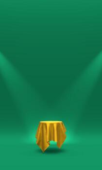Podium, pedestal or platform covered with gold cloth illuminated by spotlights on green background. Abstract illustration of simple geometric shapes. 3D rendering. photo