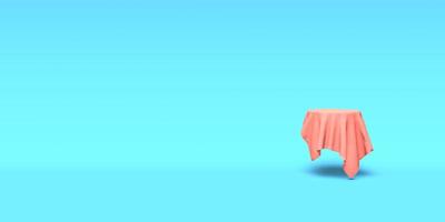 Podium, pedestal or platform covered with pink cloth on blue background. Abstract illustration of simple geometric shapes. 3D rendering. photo
