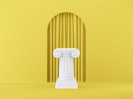 columna de podio abstracta sobre fondo amarillo con arco. el pedestal de la victoria es un concepto minimalista. representación 3d foto