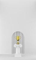 Abstract podium column with a golden trophy on the white background with arch. The victory pedestal is a minimalist concept. 3D rendering. photo