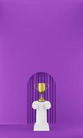 Abstract podium column with a golden trophy on the fuchsia background with arch. The victory pedestal is a minimalist concept. 3D rendering. photo