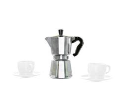 Vintage coffee pot and two white cups on a white background. 3D rendering photo