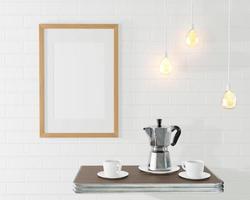 The wooden mockup frame for the picture in the loft interior. Conceptual cafe with a brick wall and vintage lamps. Old coffee pot and cups. 3d rendering photo