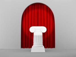 columna de podio abstracta en el arco de fondo gris claro con curtian rojo. el pedestal de la victoria es un concepto minimalista. representación 3d foto