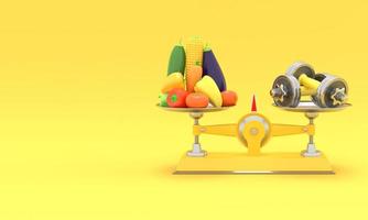 Fresh vegetables and dumbbells on different scales. Conceptual illustration with empty place text. 3d rendering photo