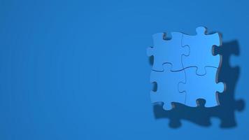 Four pieces of the puzzle are connected. Stylish minimal abstract horizontal scene, place for text. Trendy classic blue color. 3D rendering photo