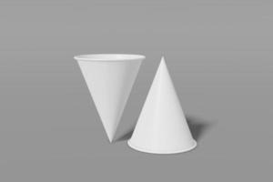 Two paper cups mockup cone shaped on a grey background. One of the cups is turned upside down. 3D rendering photo