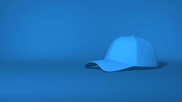 Baseball cap, sports hat. Stylish minimal abstract horizontal scene, place for text. Trendy classic blue color. 3D rendering photo