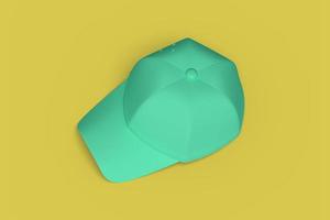 sombrero de béisbol verde sobre una imagen abstracta de fondo amarillo. negocio deportivo de concepto mínimo. procesamiento 3d foto