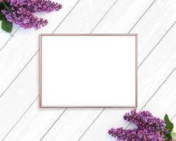 Rose gold frame mockup on a wooden painted white background. 3x4 Landscape photo