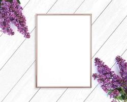 Rose gold frame mockup on a wooden painted white background. 3x4 Portrait. photo